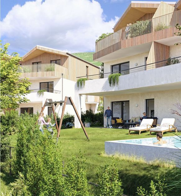 Fürstegarten Halbtotale, Haus im Hintergrund, im Vordergrund belebter Garten mit Pool