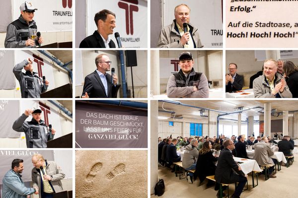 Collage: Projektbeteiligte bei Gleichenfeier