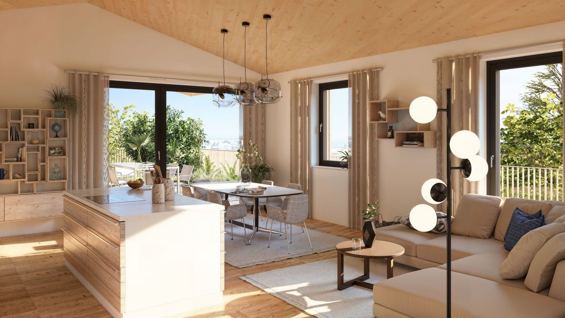 Innenraum-Visualisierung, Kücheninsel mit Esstisch und Couch, Ausgang auf Terrasse