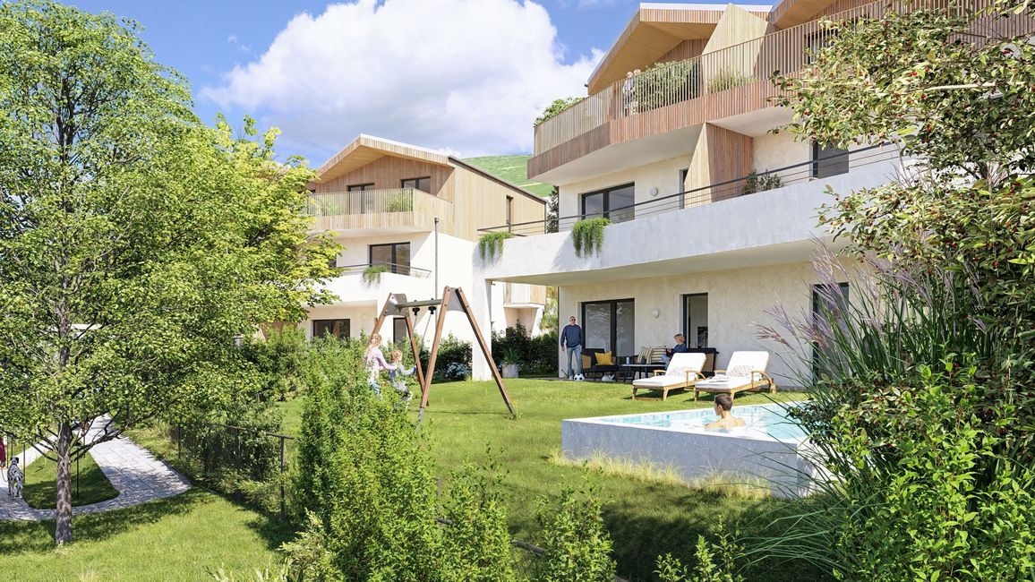 Außenansicht Fürstengarten, Halbtotale, vorne belebter Garten, hinten Gebäude