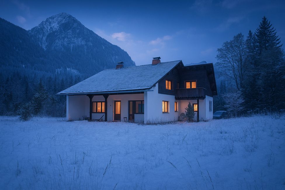 Haus in bergiger Natur im Winter
